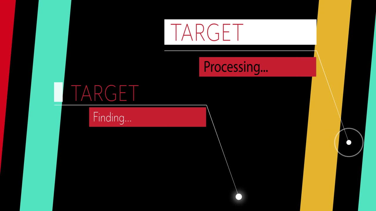 Animation of colourful moving lines and target processing text on black background