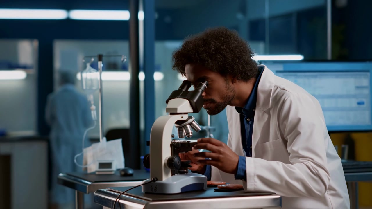 A man in a white lab coat carefully studies a sample through a microscope in a clean modern laboratory with cool blue lighting, glass equipment, and a monitor
