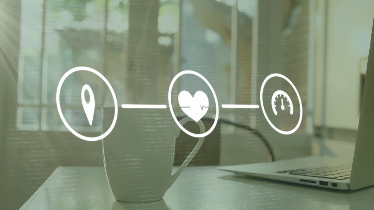 노트북으로 빈 사무실 위에 아이콘으로 연결된 네트워크의 애니메이션