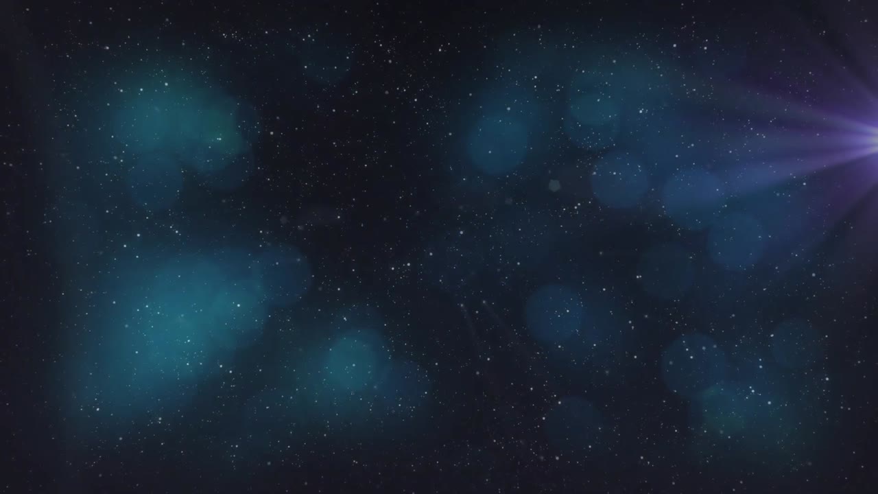 Animación de puntos de luz azules brillantes y luz púrpura brillante moviéndose sobre estrellas en el cielo nocturno