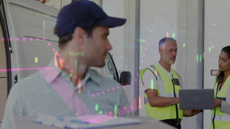 animación del procesamiento de datos financieros y diversos trabajadores en el almacén