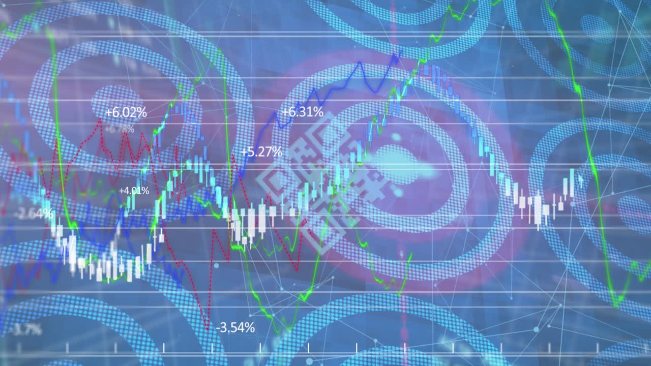 하 ⁇  빨간 원 위에 그래프 데이터와 정보와 함께 떠있는 다채로운 qr 코드의 애니메이션