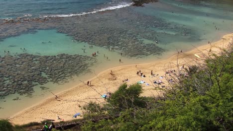 People-at-the-beach-at-Hanauma-Bay,-Hawaii-Kai-neighborhood-of-East-Honolulu,-Oahu