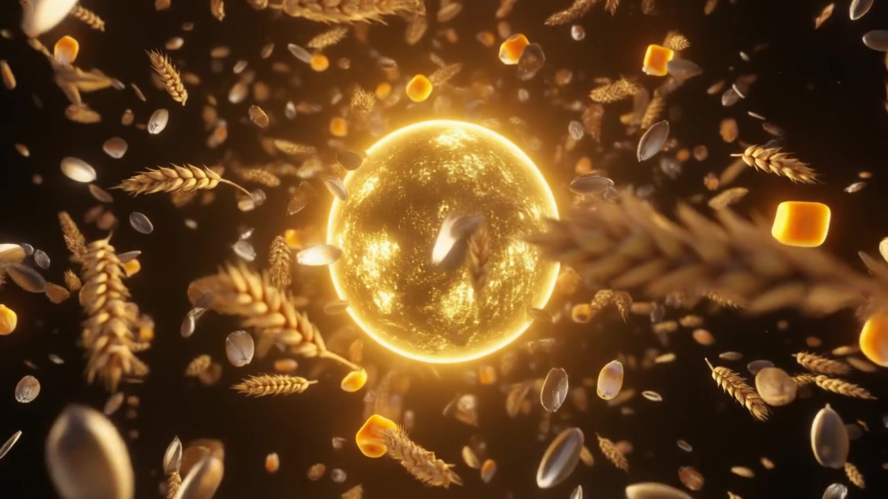 Grani di grano e semi fluttuanti attorno a una sfera dorata luminosa