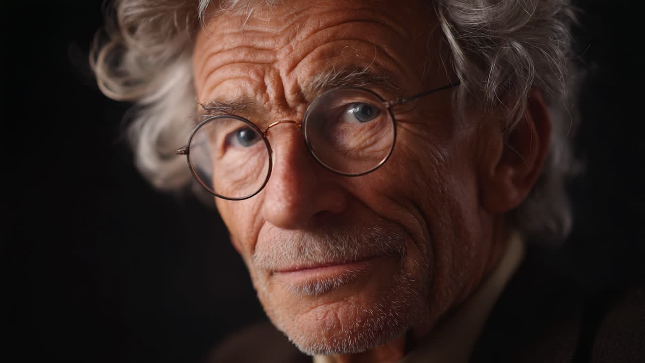 Un uomo anziano e pensieroso con caratteristici capelli ricci e occhiali, che posa elegantemente in un ambiente scarsamente illuminato, catturando saggezza ed esperienza nella sua espressione