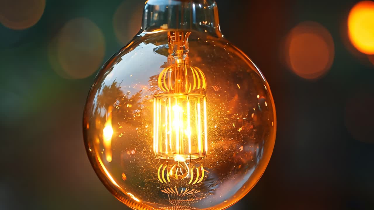 A light bulb hanging from a ceiling with a warm glow. The light bulb is surrounded by a glass casing, which gives it a unique and artistic appearance. The scene is set in a dimly lit room