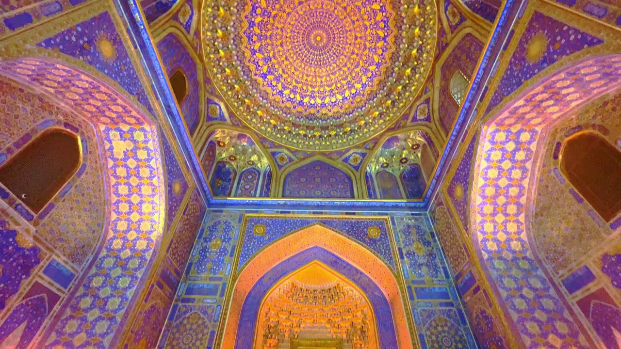 Illuminated Interior of a Historic Mosque in Samarkand, Uzbekistan
