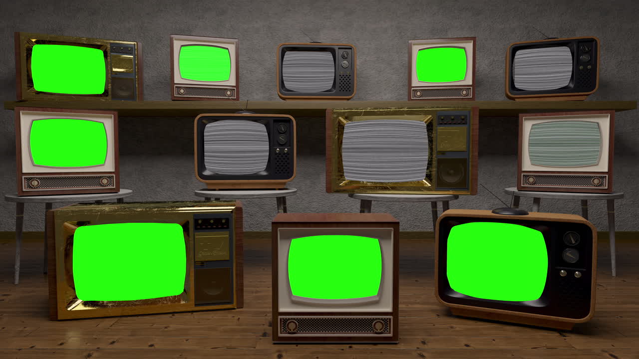 결함 및 녹색 화면 4k로 빈티지 tv 컬렉션 켜기 및 끄기