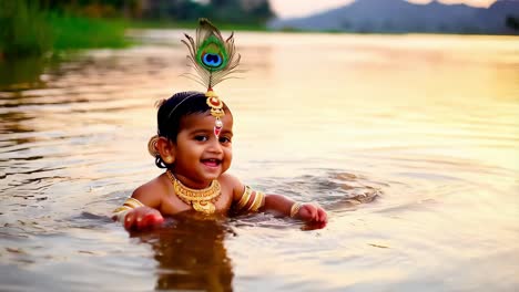 baby krishna in a river