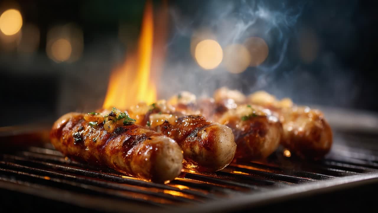 Salsicce sfrigolanti sulla griglia: un accattivante viaggio culinario tra fiamme e fumo, mostrando l'arte del barbecue in uno spettacolo abbagliante di sapore e tecnica