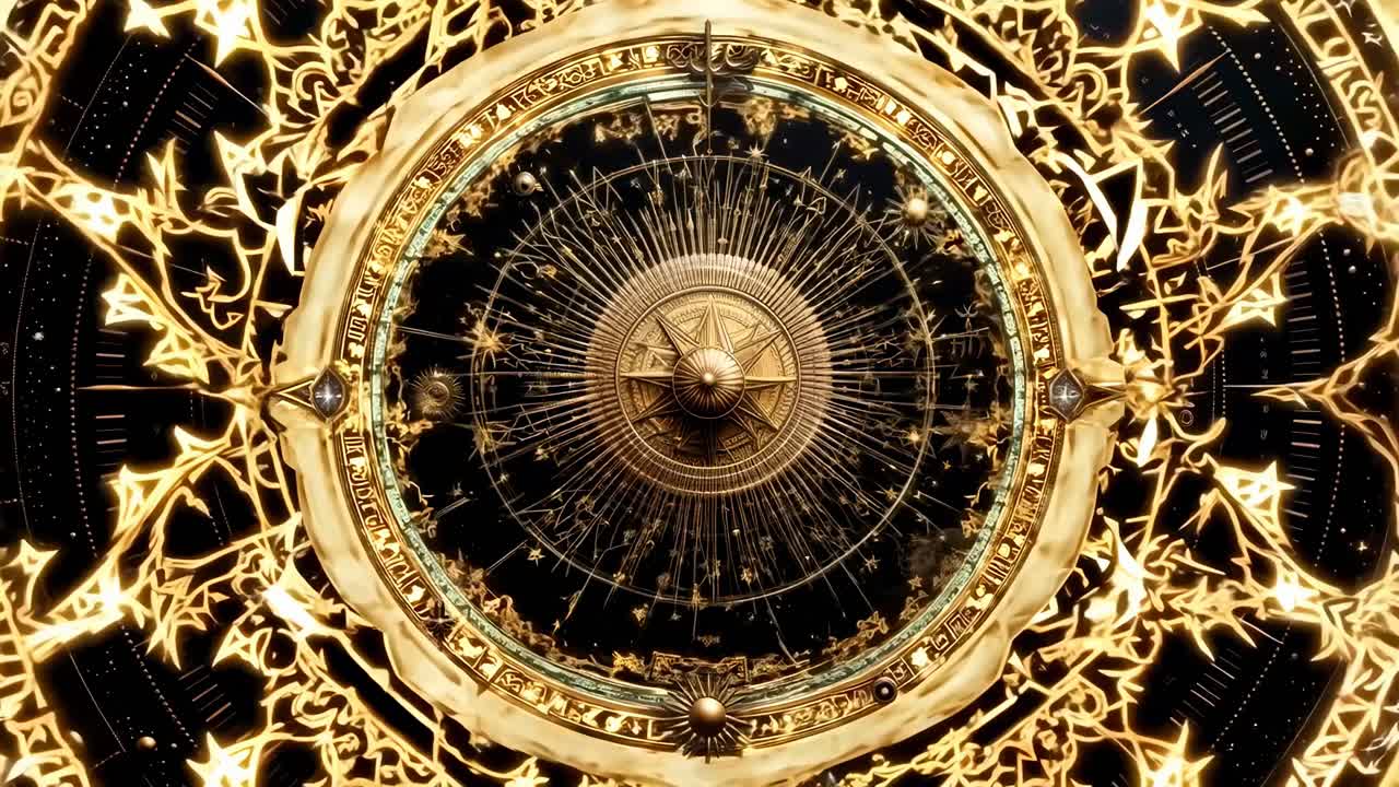 Top-down view of an intricate, golden astrological design, resembling a celestial clock