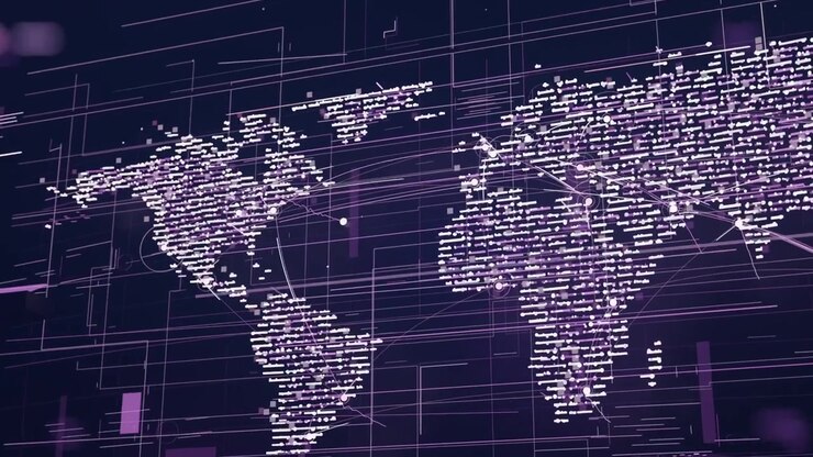 Starting map animation, nodes tracing global data routes across dark purple grid, showing links