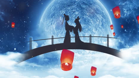 silueta de una pareja celebra el encuentro del vaquero y la niña tejedora en el hermoso cielo nocturno luna sobre el puente a la luz de la luna, está escrito "día de san valentín chino