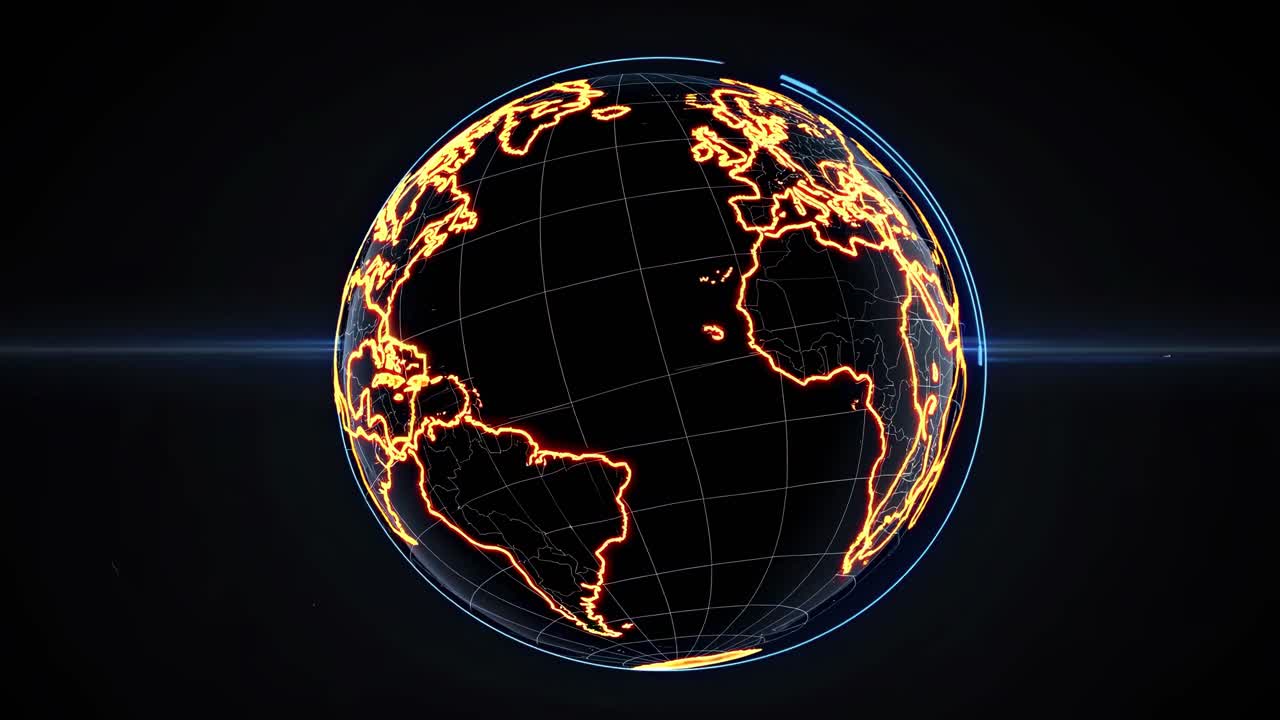 Futuristic video of a glowing digital globe with neon lines, viewed from a tilted angle