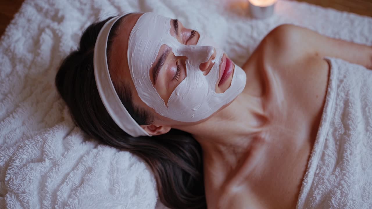 Jovem Mulher com Máscara Facial Relaxando em um Spa.