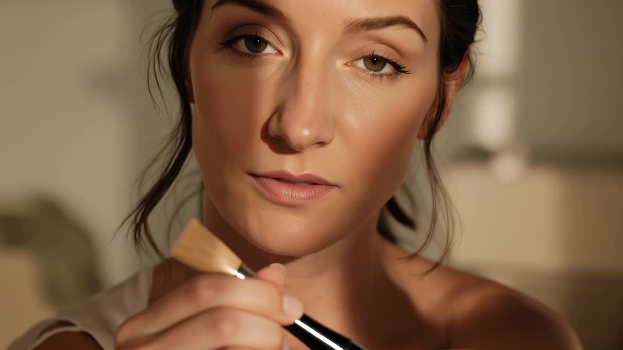 Vertical video: Twisting cap, woman in camisole showing brush handle and applying makeup at home