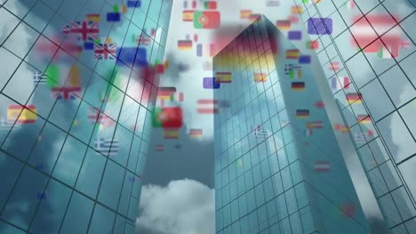 animación de banderas de naciones europeas y la unión europea, sobre el cielo y edificios modernos de gran altura