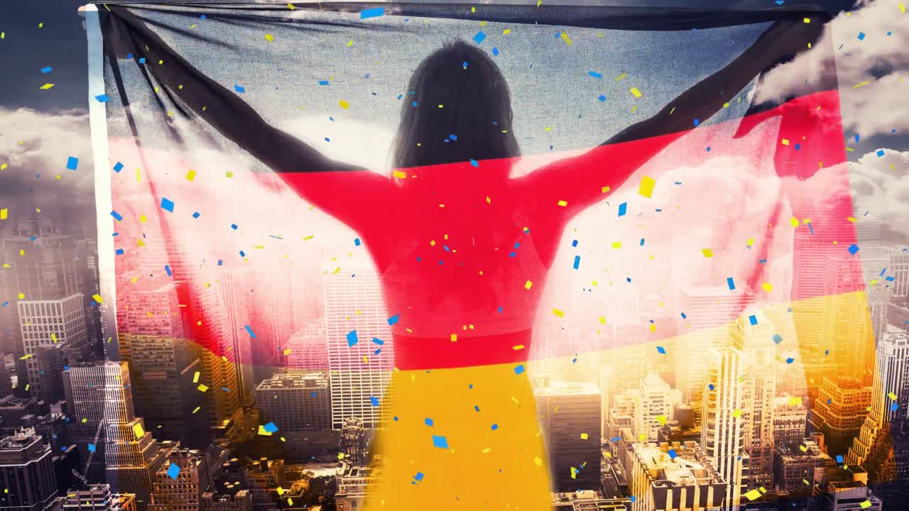 도시 풍경 위에 독일 국기를 들고 있는 여성 위에 떠다니는 콘페티의 애니메이션