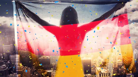 Animation-of-confetti-floating-over-woman-holding-german-flag-over-cityscape