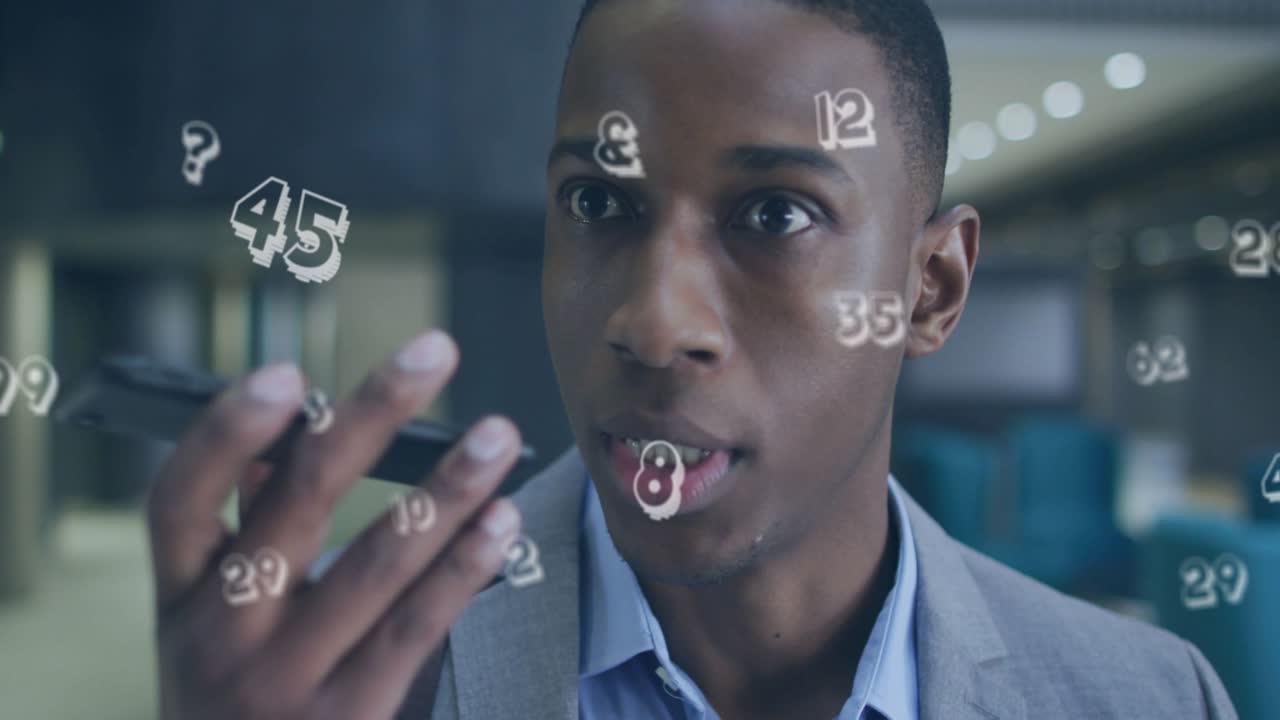 Man walking business lounge lifting phone and speaking while numbers floating by face seeking reply