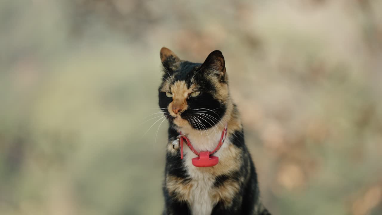 Calico cat wearing red collar sitting calmly in sunlight with soft bokeh