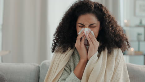 sick, blowing nose and woman in a home living room