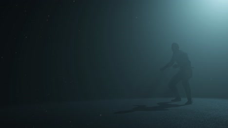 ninja shinobi character standing ready inside a dark space, with volumetric light behind him and dust particles floating, 3d animation, right view, camera zoom slowly