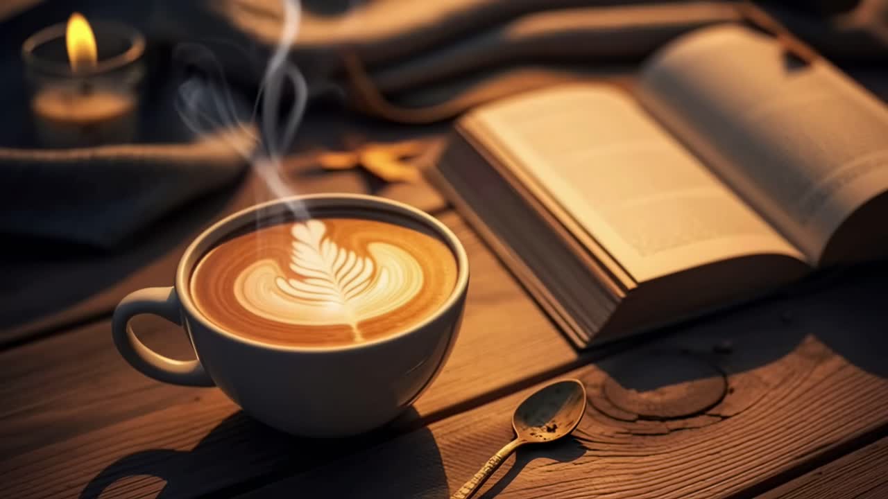 Arte em latte quente e livro aberto em um ambiente aconchegante, capturado de cima.
