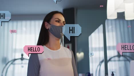 Animation-of-hi-texts-over-caucasian-woman-with-face-mask