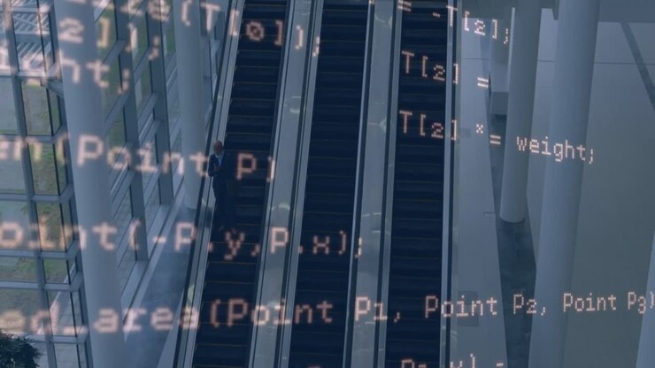 Animation of data processing over caucasian businessman on escalators