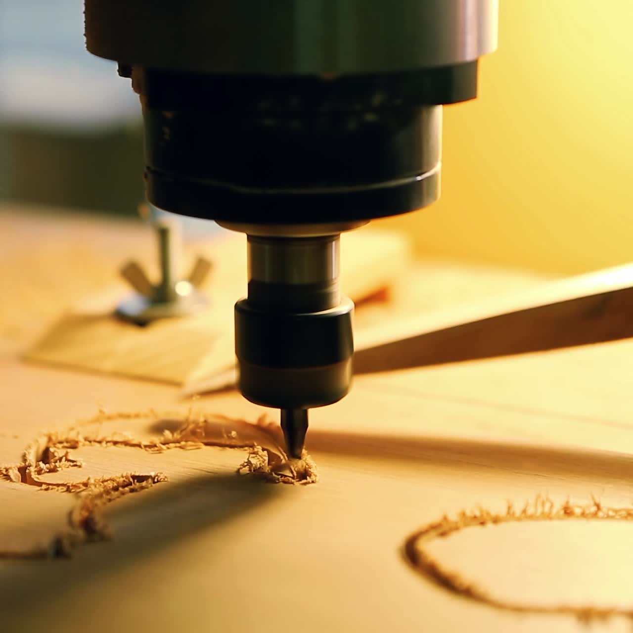 la máquina de cortar madera se mueve por encima de la mesa de trabajo