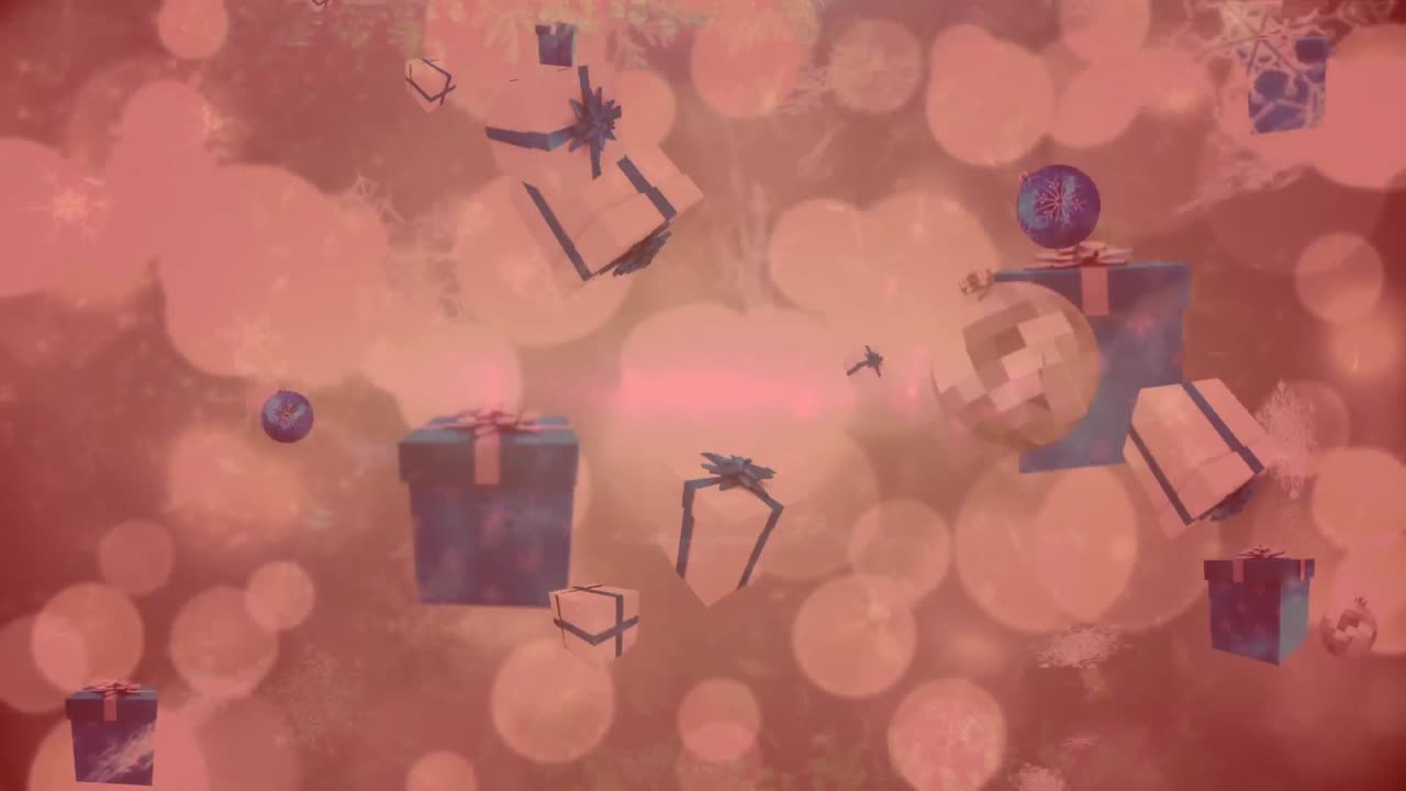 크리스마스 선물, 공과 눈이  ⁇ 은 필터로 보케 배경 위에 떨어지는 애니메이션