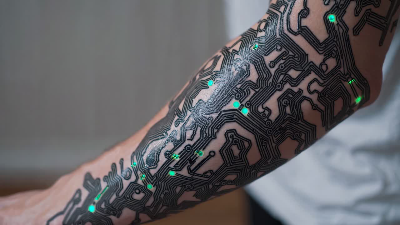 Circuit Board Tattoo on Arm with Glowing LEDs