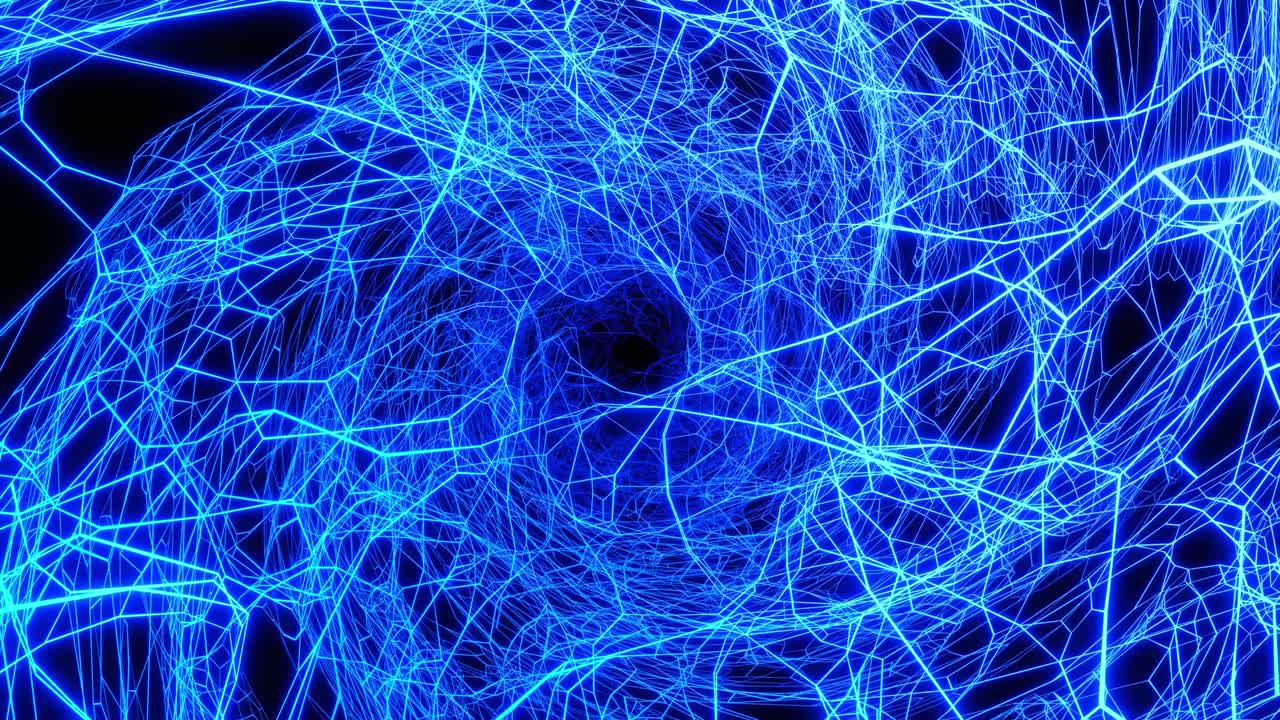 el vuelo en bucle a través del espacio 3d con estructura de red compleja, luz de neón. sci fi bg, plexus de alta tecnología, marcos futuristas con luz de neó en él. concepto de flujo de datos de información. diseño de movimiento en bucle 3d bg