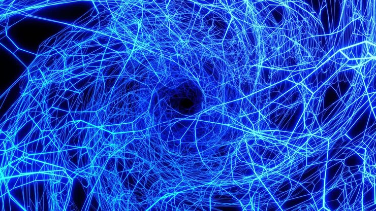 VJ loop: volo attraverso uno spazio 3D con complessa struttura a rete e luce al neon. Sfondo sci-fi, plexus hi-tech, cornici futuristiche con luce al neon. Concetto di flusso di dati. Sfondo di motion design 3D in loop