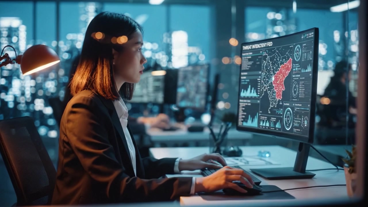 Focused Professional Analyzing Complex Data Visualizations on a Computer Screen in a Modern Office Environment During Nighttime with Urban Background