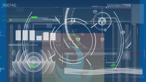 animación del procesamiento de datos, cortafuegos y pantalla digital sobre escaneo de alcance sobre fondo azul.