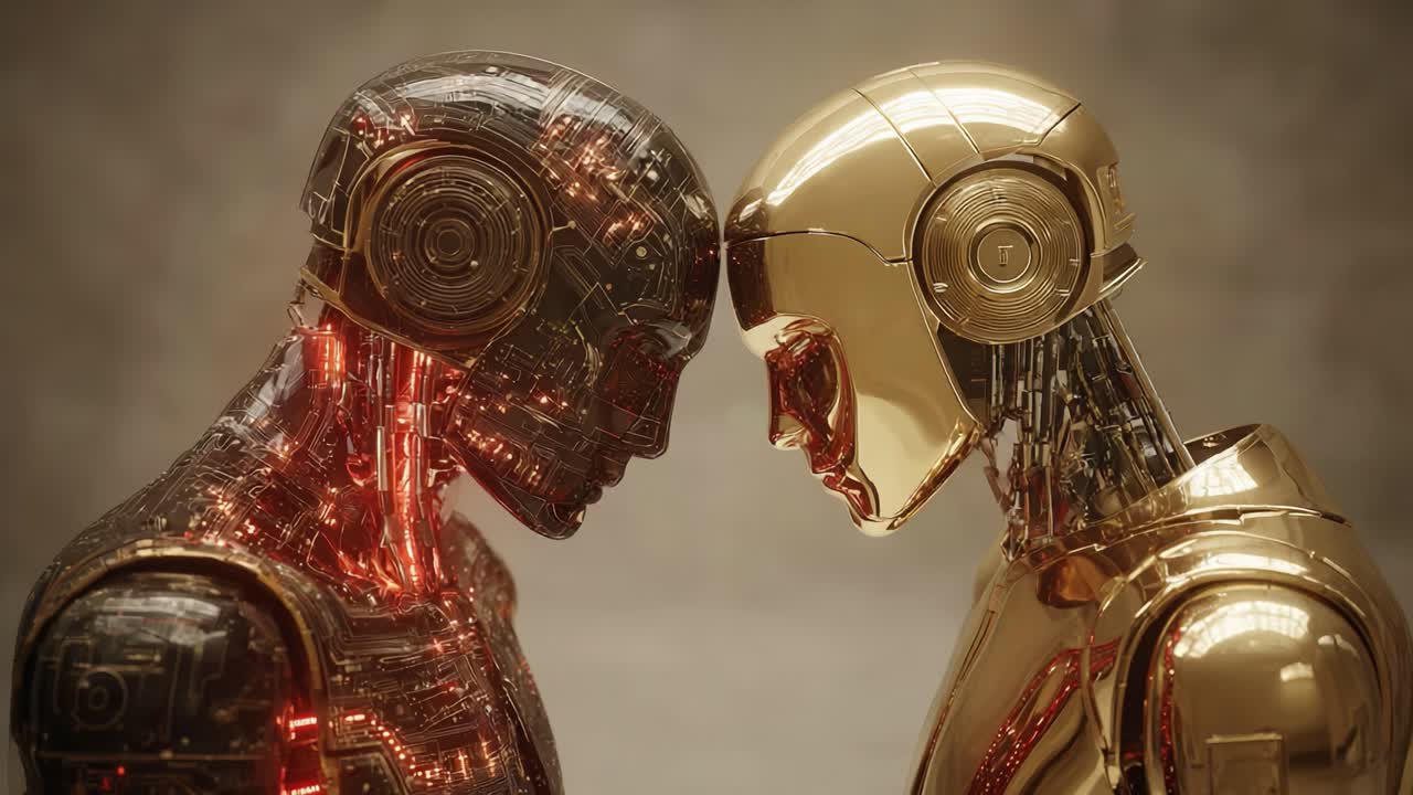Uno scontro intenso: due robot futuristici si affrontano con design metallici distinti, mettendo in mostra dettagli intricati ed emozioni avvincenti in un ambiente high-tech