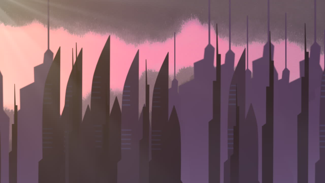 Cartoon animation background with motion clouds and buildings 5