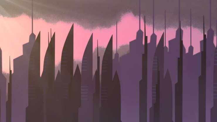 Fundo de animação de desenho animado com nuvens em movimento e edifícios 5
