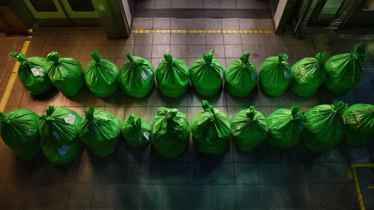 A Row of Green Waste Bags Neatly Arranged in a Cleanup Area, Showcasing Environmental Efforts to Manage Trash and Promote Recycling in Urban Settings at Night