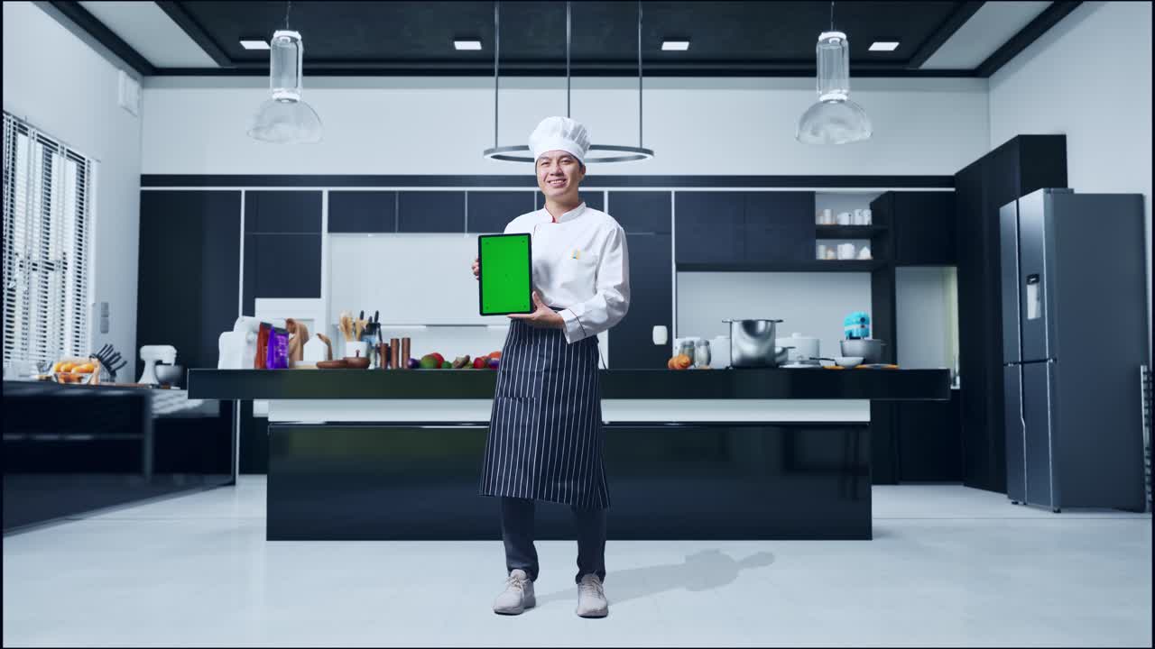Chef uomo asiatico a figura intera che sorride e mostra un tablet con schermo verde alla fotocamera mentre è in piedi nella cucina di casa