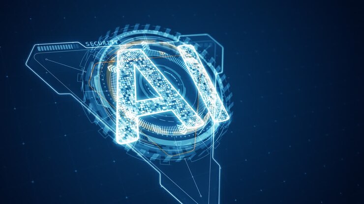 Motion graphic di triangolo 3D blu e AI con interfaccia tecnologica di rotazione circolare HUD ed elementi futuristici, sfondo astratto