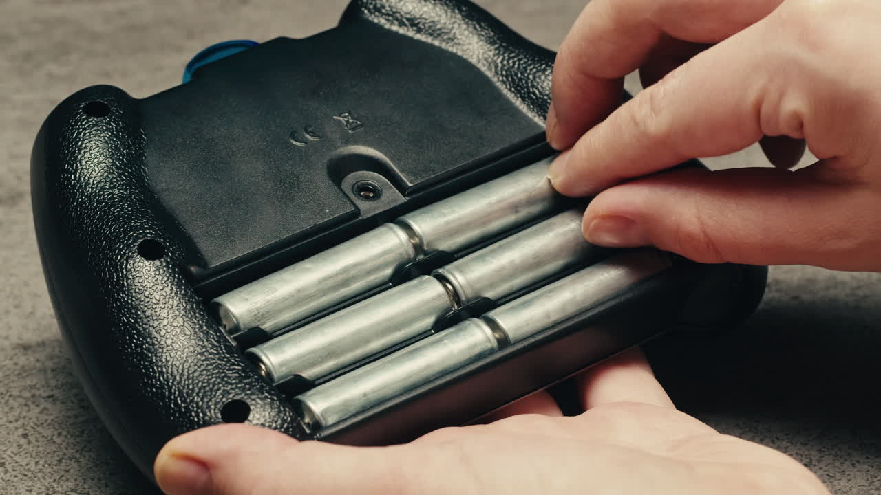 Adding silver batteries AA and AAA in console close-up. Batteries are common in portable electronic devices. An AA battery is composed of a single electrochemical cell that may be either a primary battery or a rechargeable battery. Several different chemistries are used in their construction.