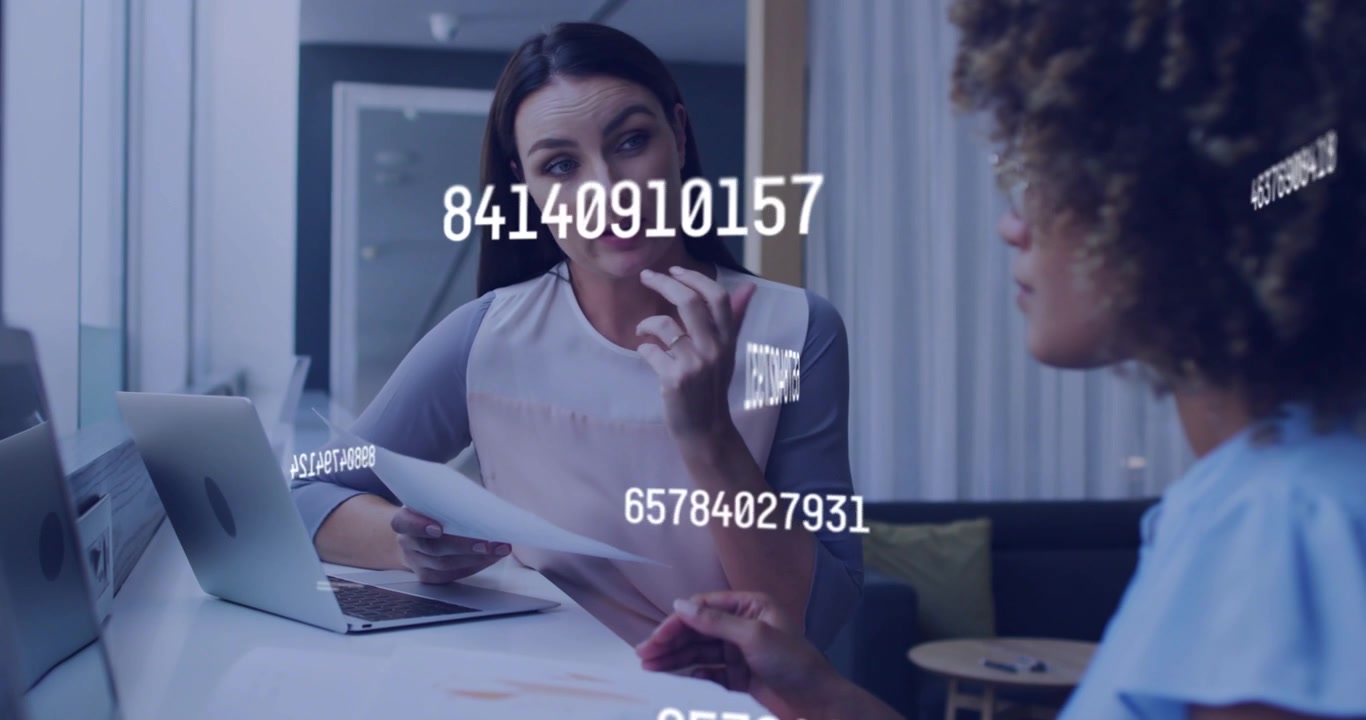 Left woman glancing at laptop as reading docs, causing floating data drifting over docs for finance