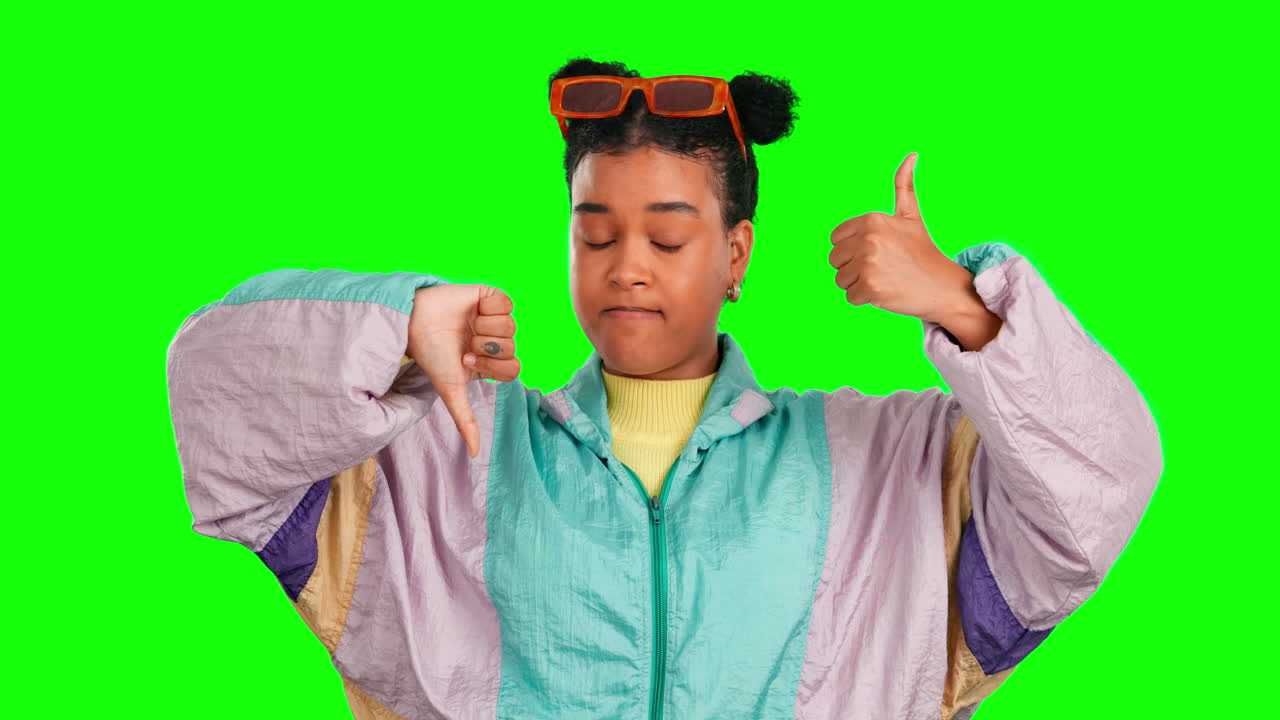 Green screen, portrait and woman with thumbs up