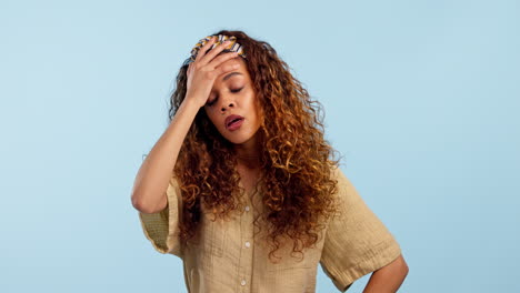 stress, confused and young woman in studio