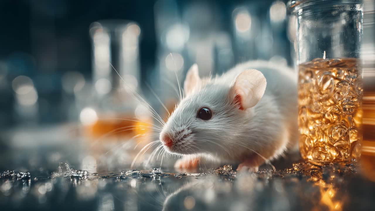 A White Laboratory Mouse Explores Its Surroundings Amidst Scientific Apparatus and Vials Filled with Golden Liquid in a Laboratory Setting