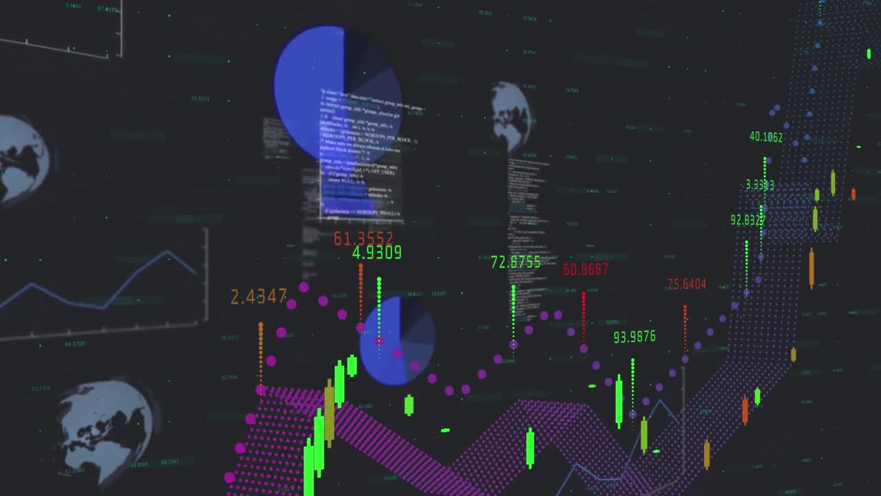 Animation of multiple graphs, globes and numbers against black background