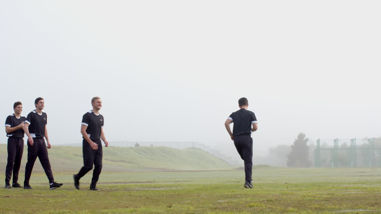 Playing cricket on field, men enjoying outdoor sports activity together